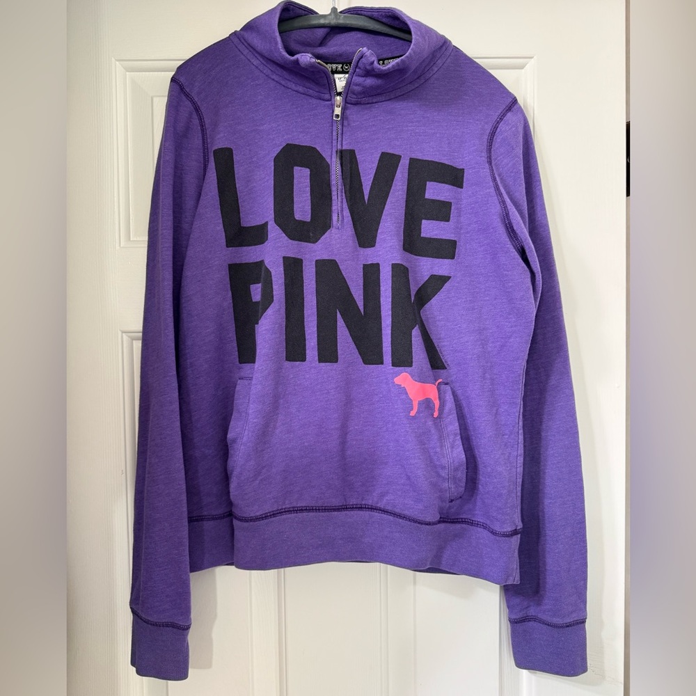 Love PINK Victoria's Secret Women's Quarter Zip  in Purple and Black -size Med
